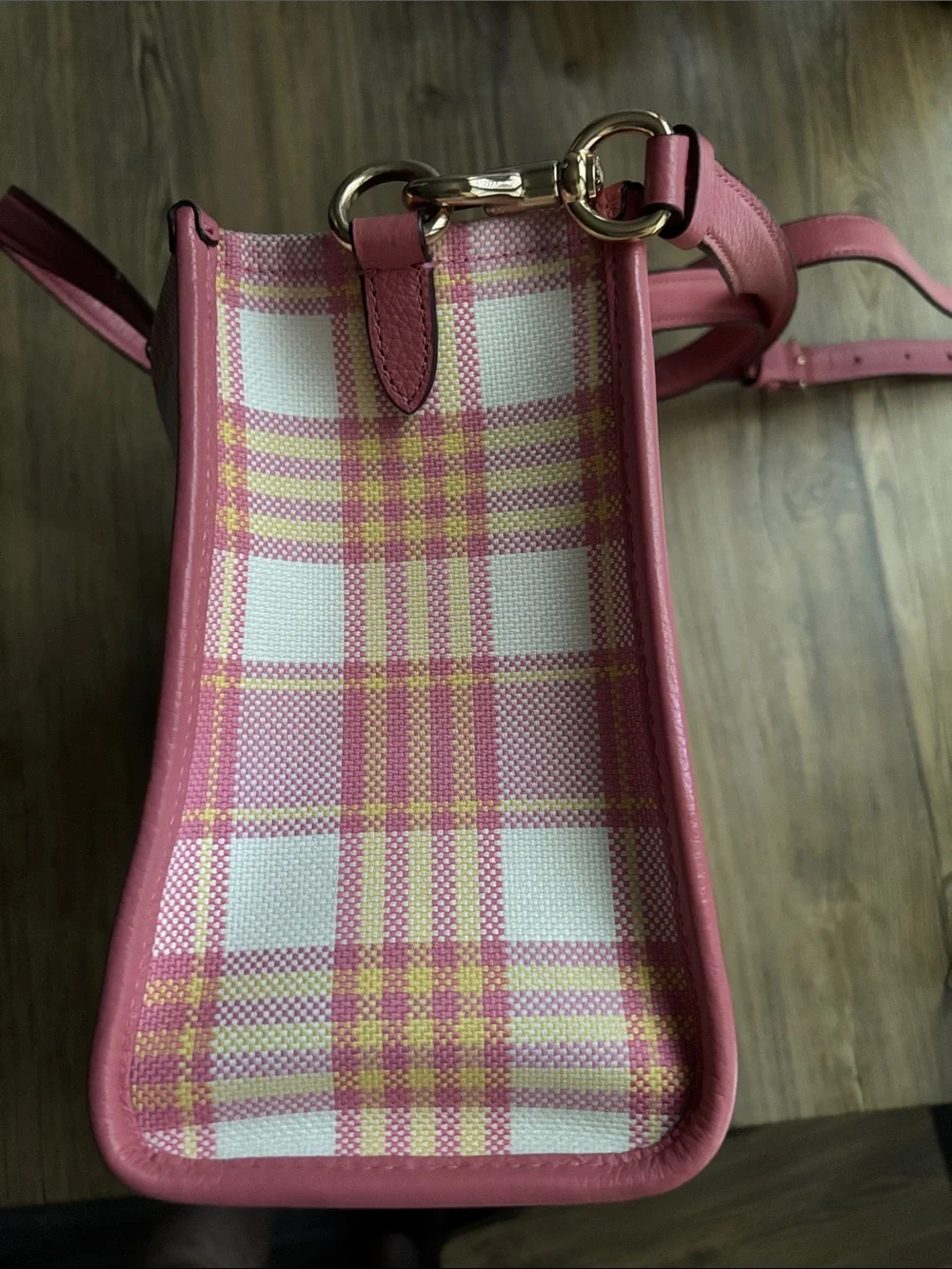 Coach Pink Plaid Canvas Tote with Leather Trim